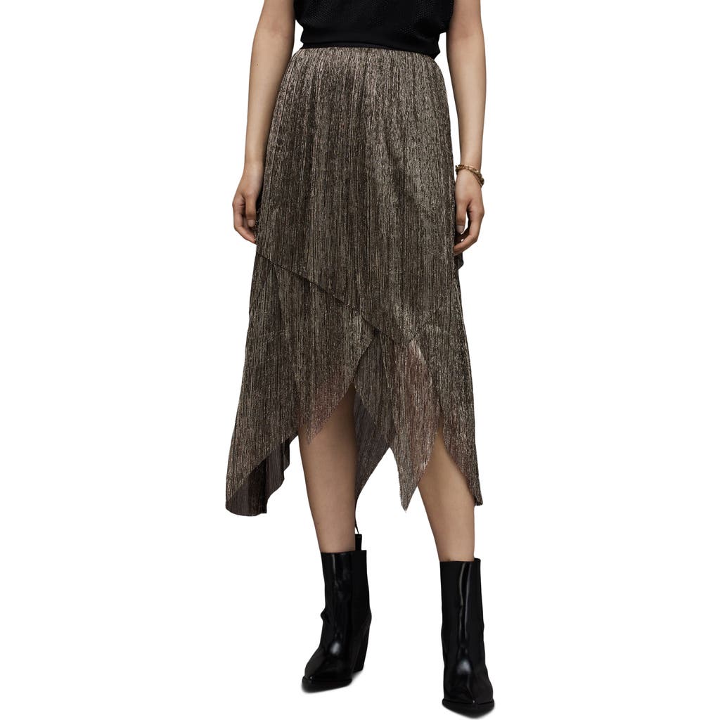 Allsaints Veena Tiered Metallic Midi Skirt In Green