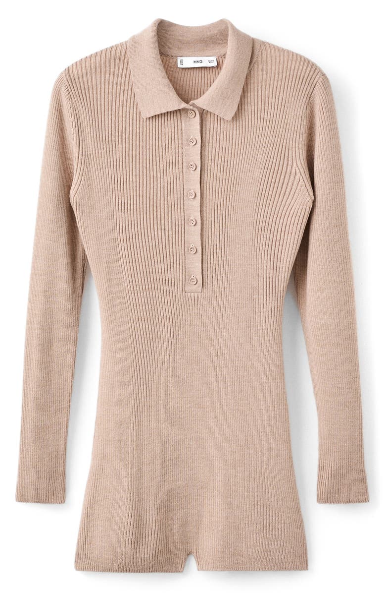 MANGO Polo Long Sleeve Rib Romper, Main, color, Medium Brown