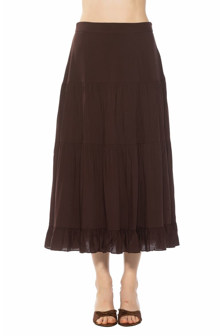 Amelie Ruffle Tiered Midi Skirt, Main, color, BROWN