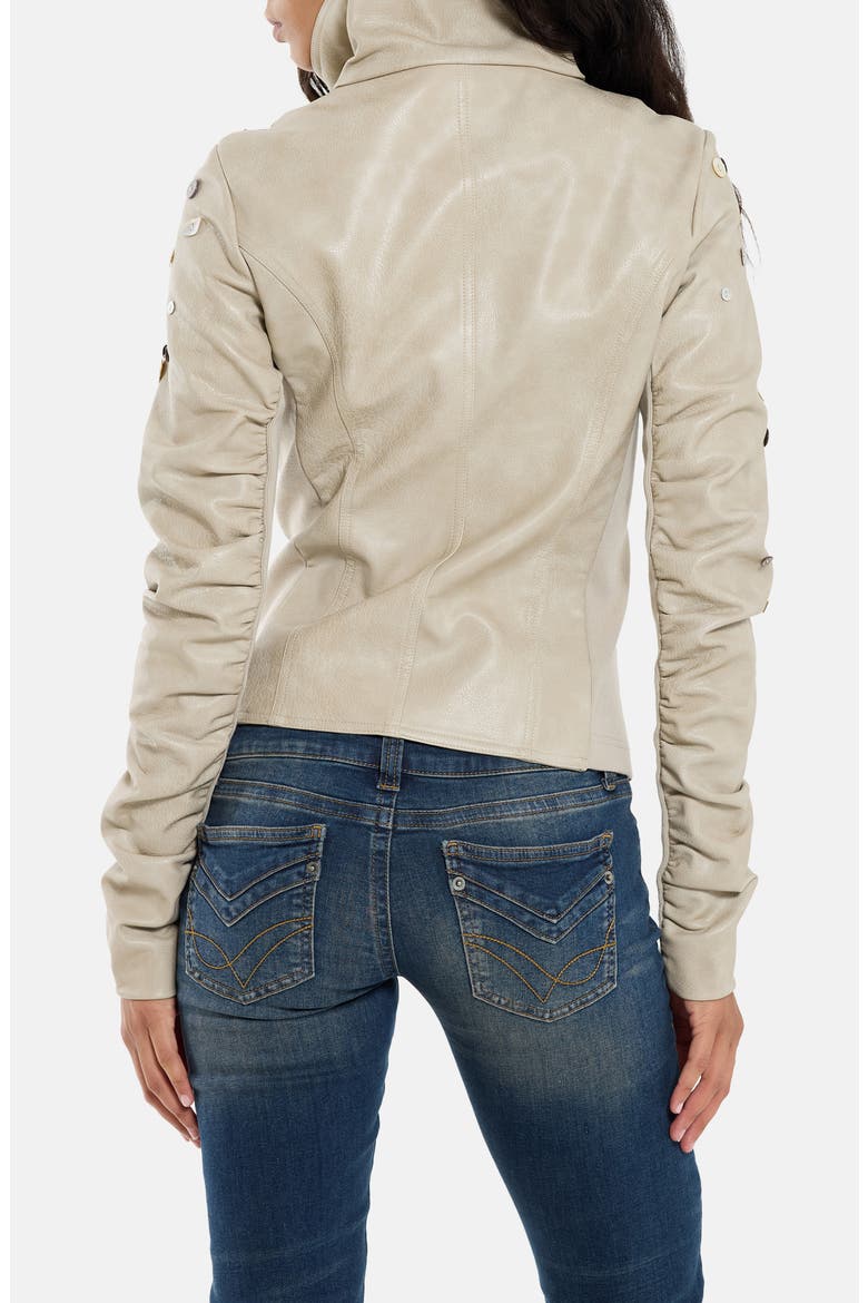 Button-Decorated Faux Leather Fitted Jacket, Alternate, color, BEIGE