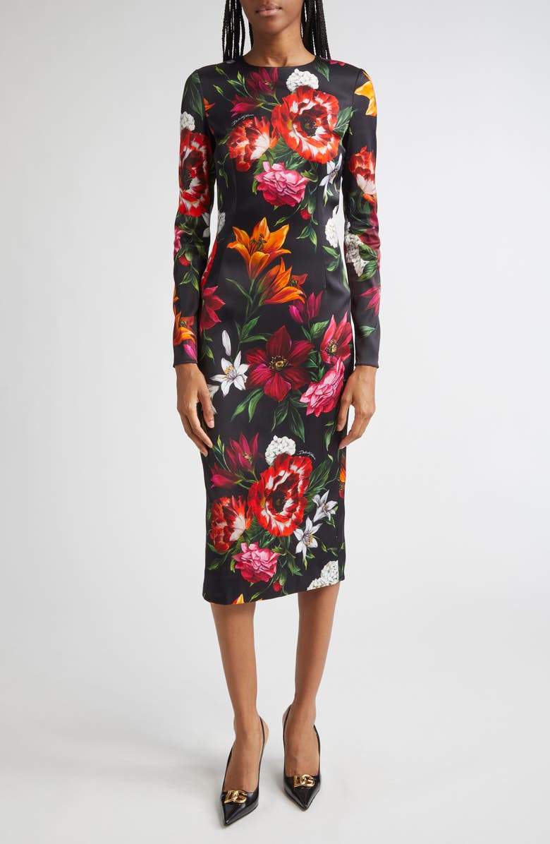 Dolce&Gabbana Floral Print Long Sleeve Satin Sheath Dress, Main, color, Hn5pb Anemoni Gigli F.nero