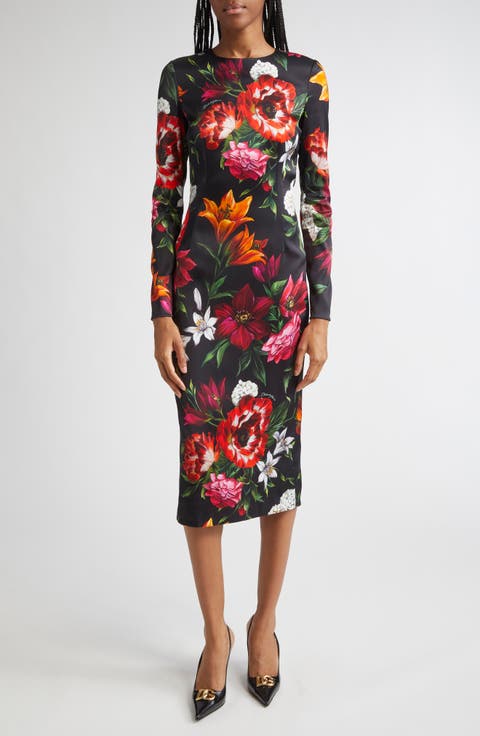 Floral Print Long Sleeve Satin Sheath Dress