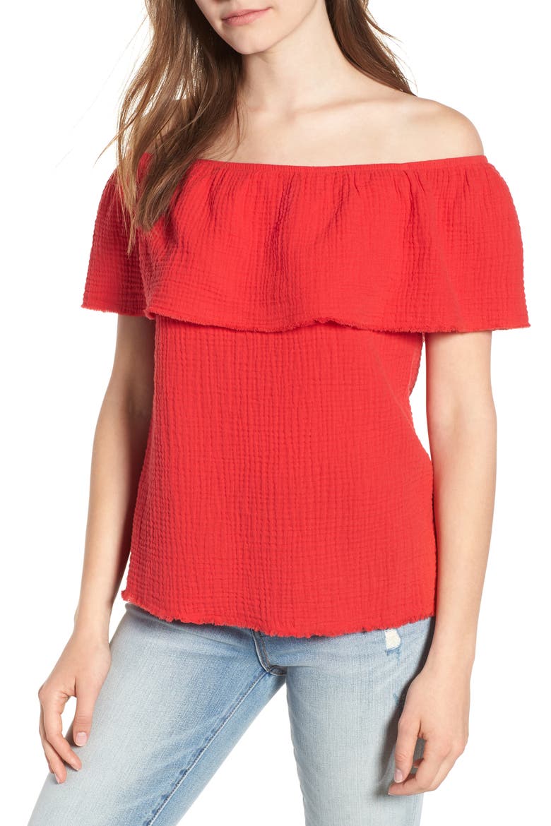 Ruffle Off the Shoulder Top, Main, color, RED
