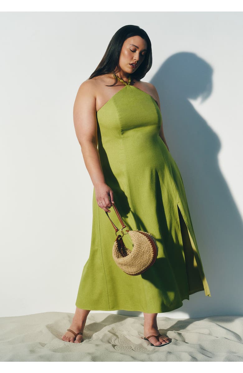 ELOQUII Bead Detail Linen Halter Midi Dress, Main, color, Lentil Sprout