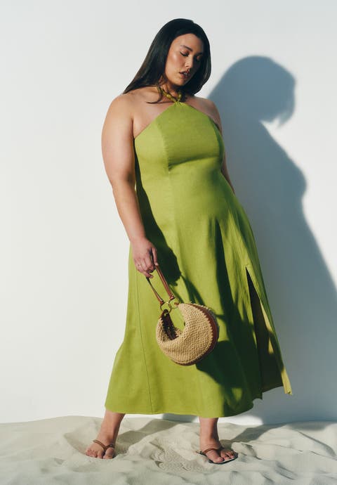 Bead Detail Linen Halter Midi Dress (Plus)