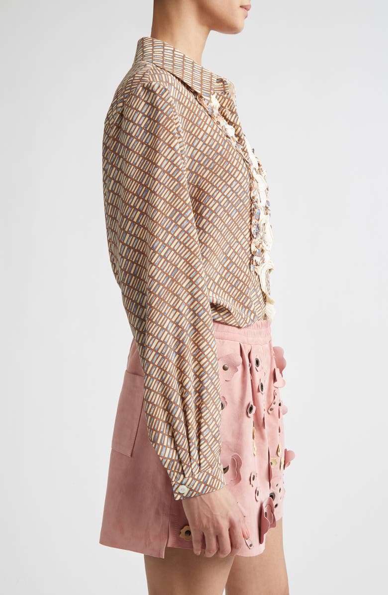 Marni Ruffle Appliqué Silk Crêpe de Chine Button-Up Shirt, Alternate, color, Brown/ Antique White