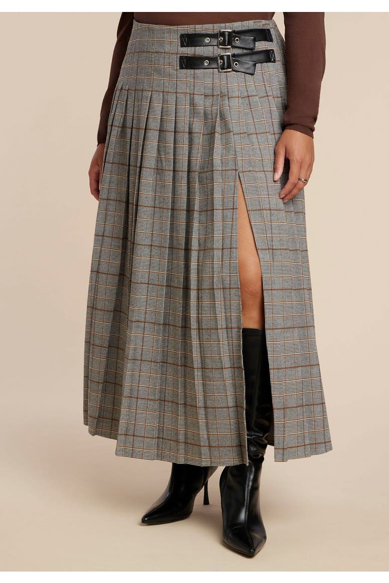 Maxi Pleated Skirt With Buckle Detail And Slit, Alternate, color, GREY PLAID