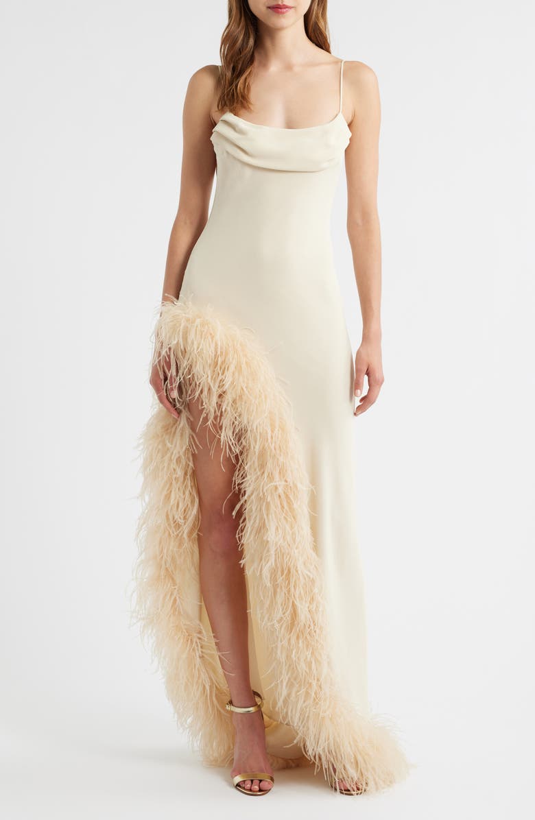 Delfi Collective Jacqueline Feather Slit Gown, Main, color, Ivory