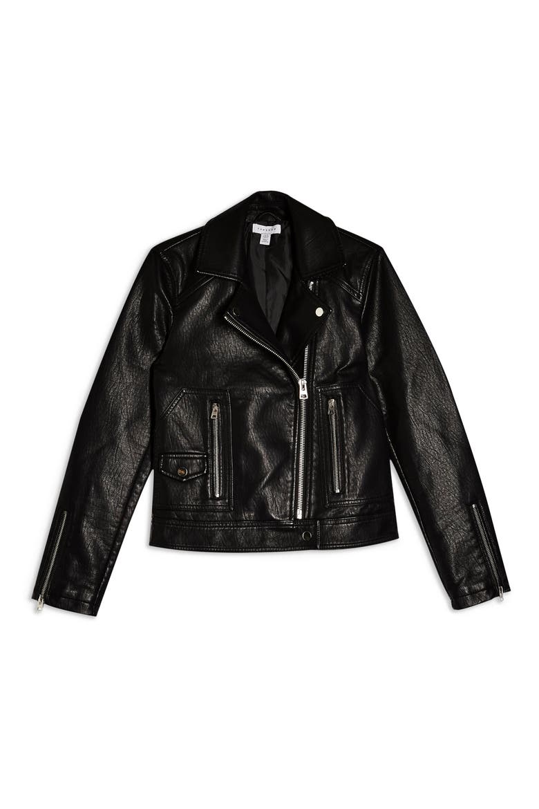 Teddy Faux Leather Biker Jacket, Alternate, color, BLACK