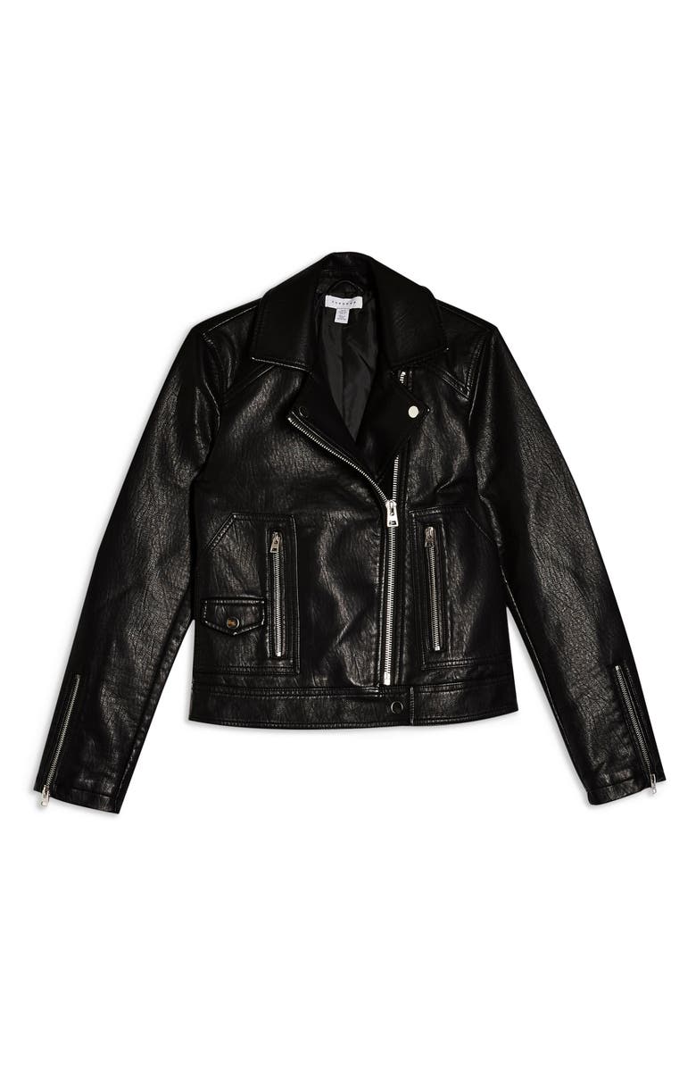 Topshop Teddy Faux Leather Biker Jacket, Alternate, color,