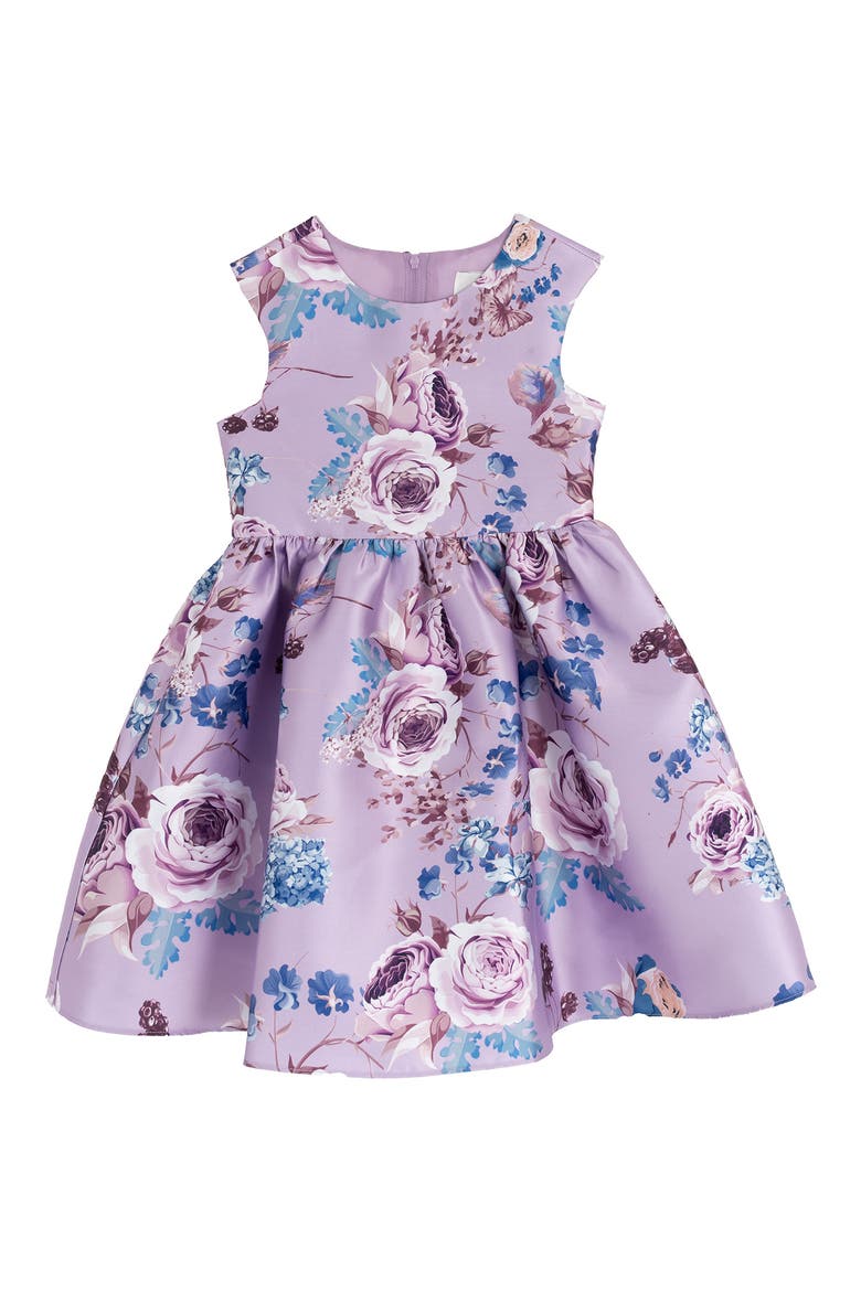 Kids' Printed Mikado Fit & Flare Party Dress, Main, color, LILAC