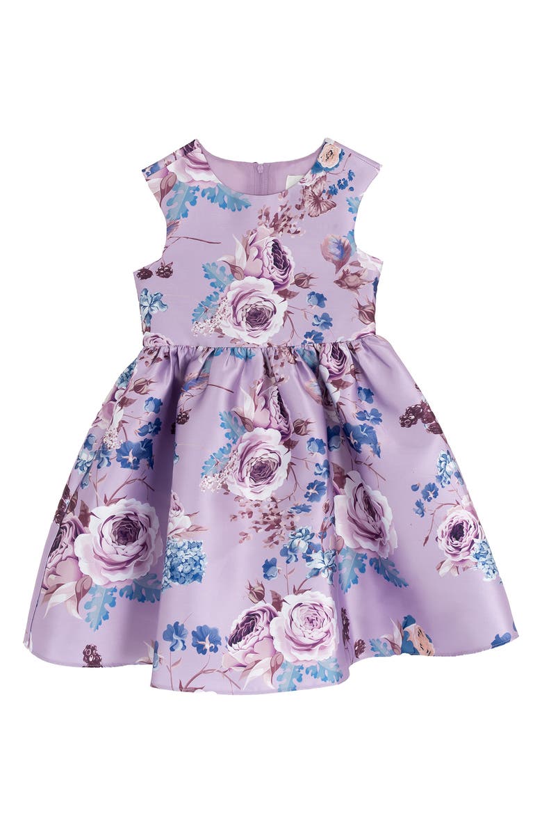 Rare Editions Kids' Printed Mikado Fit & Flare Party Dress, Main, color, Lilac