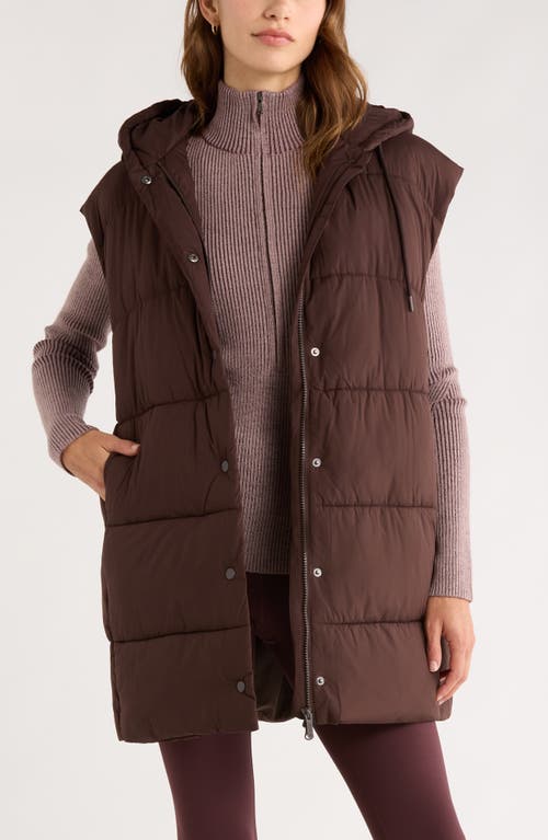 Zella Longline Hooded Puffer Vest In Brown
