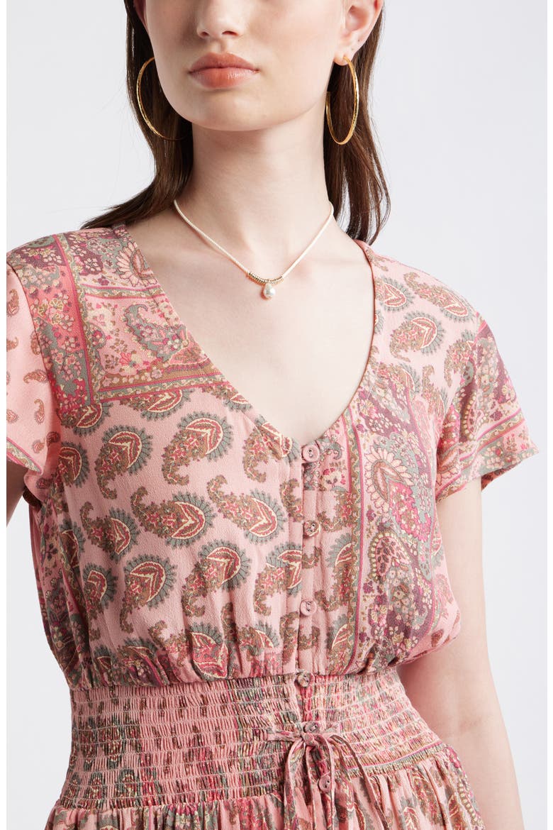 Print Smocked Waist Ruffle Hem Maxi Dress, Alternate, color, PINK- OLIVE PATCHWORK PAISLEY