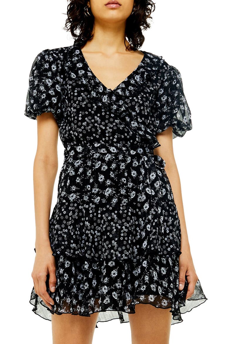 Ditsy Floral Print Ruffle Minidress, Main, color, BLACK MULTI