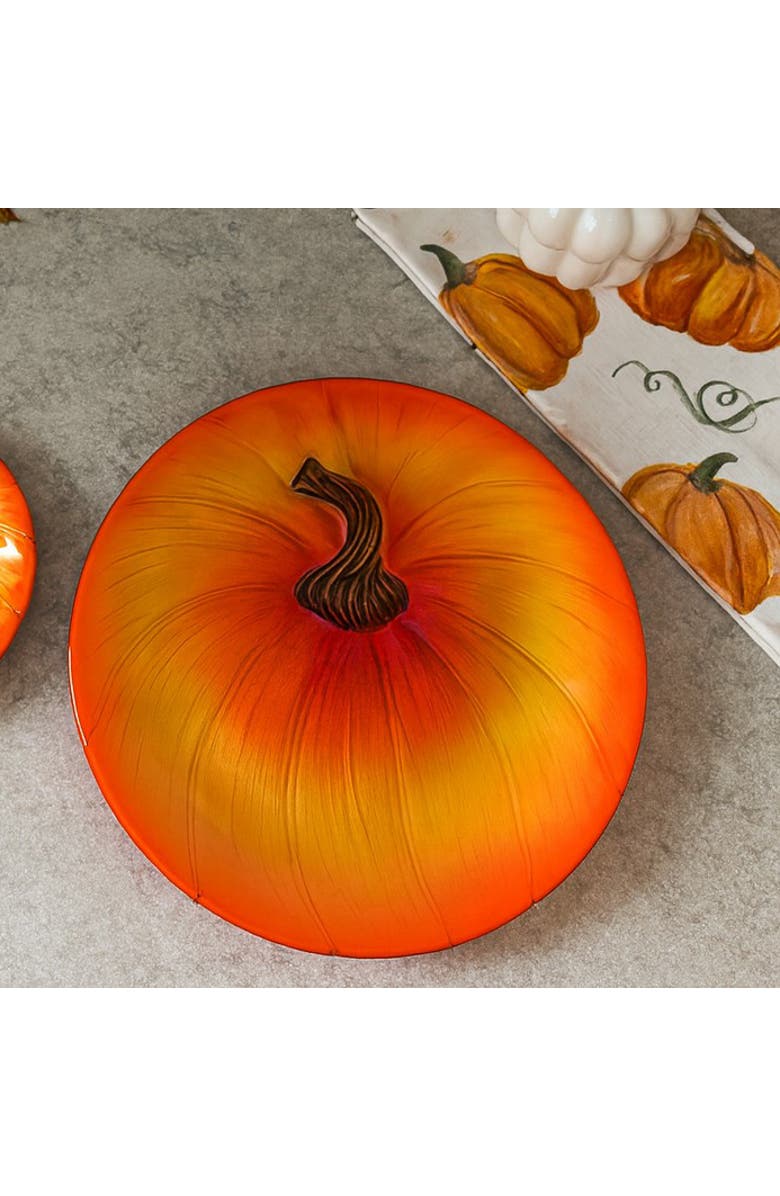 Transpac Orange Harvest Fused Glass Pumpkin Plate Set of 2 for Fall, Alternate, color, Orange