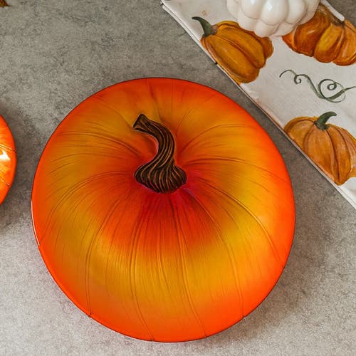 Transpac Orange Harvest Fused Glass Pumpkin Plate Set Of 2 For Fall In Orange