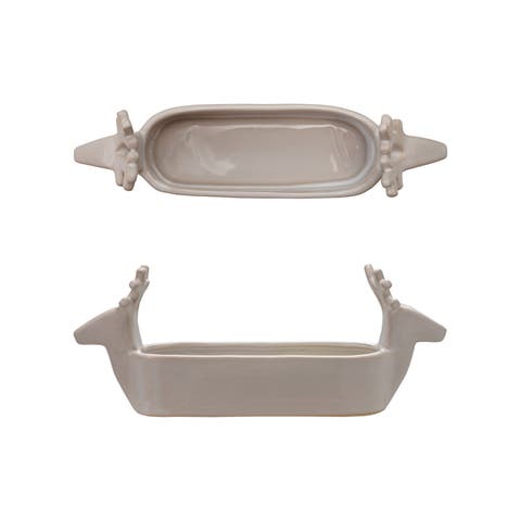 Stoneware Cracker Dish with Deer Heads, White