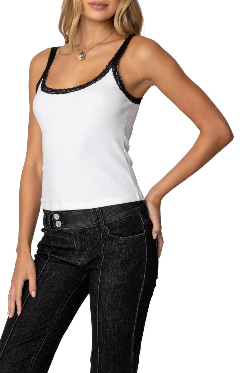 EDIKTED Jude Lace Trim Rib Tank, Alternate, color, White
