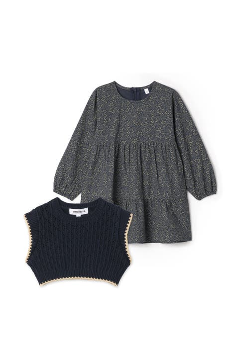 Floral Woven Dress With Removable Knit Vest Set