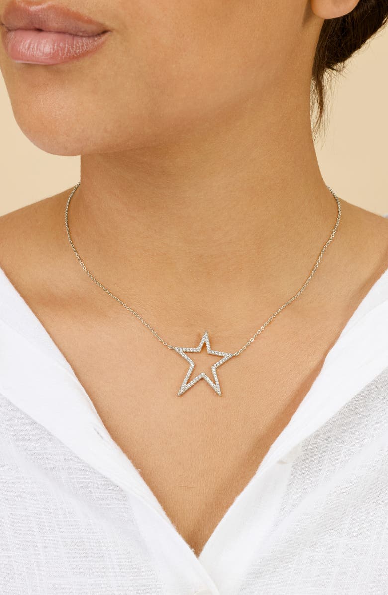 Sterling Forever Stationed Cubic Zirconia Star Pendant Necklace, Alternate, color, Silver