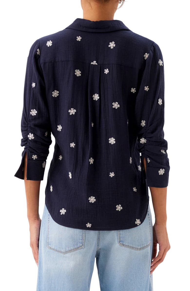 Karen Kane Embroidered Ruched Sleeve Cotton Gauze Shirt, Alternate, color, Navy