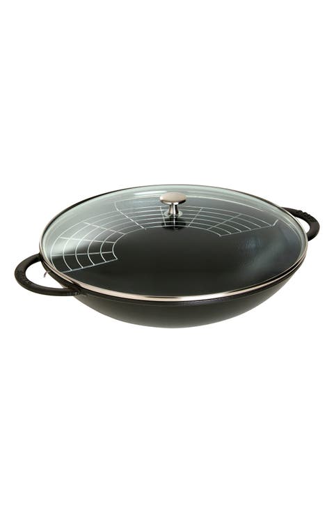 6-Quart Matte Black Enameled Cast Iron Wok with Lid