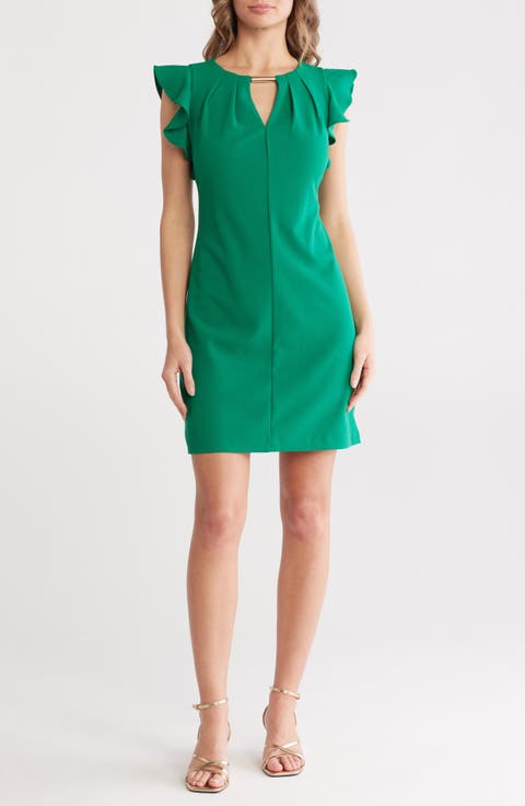 Keyhole Ruffle Cap Sleeve Crepe Shift Dress