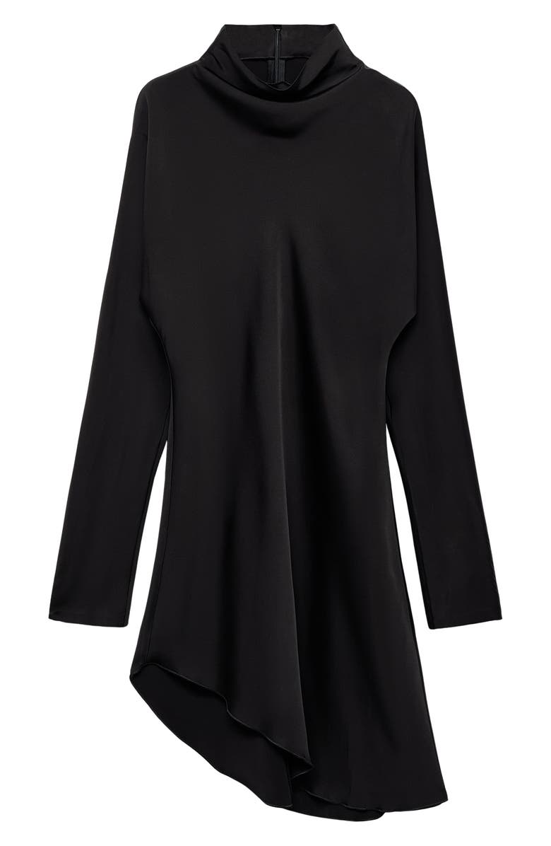 MANGO Selection Satin Long Sleeve Asymmetric Hem Dress, Main, color, Black