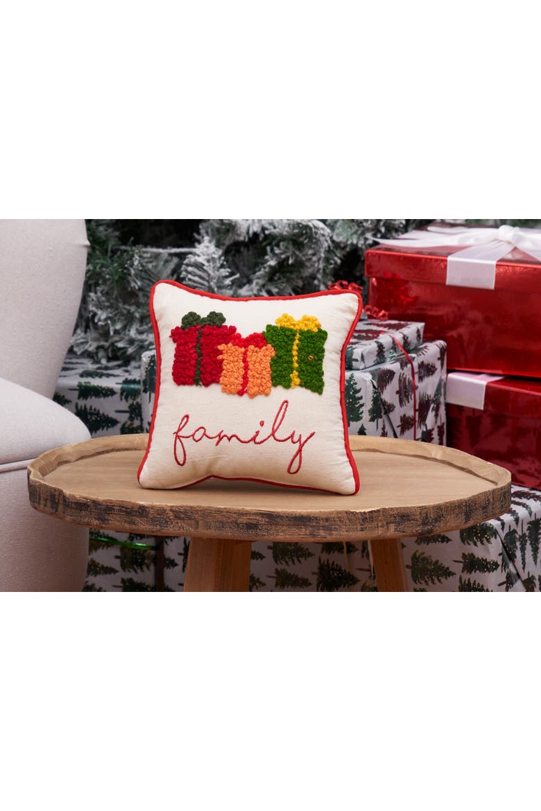 Christmas Presents "Family" French Knot Mini Accent Pillow 8" x 8", Alternate, color, Beige