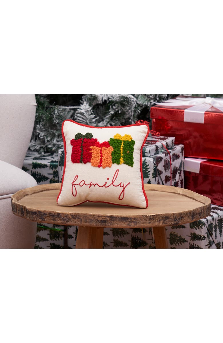 C&F Home Christmas Presents "Family" French Knot Mini Accent Pillow 8" x 8", Alternate, color, Beige