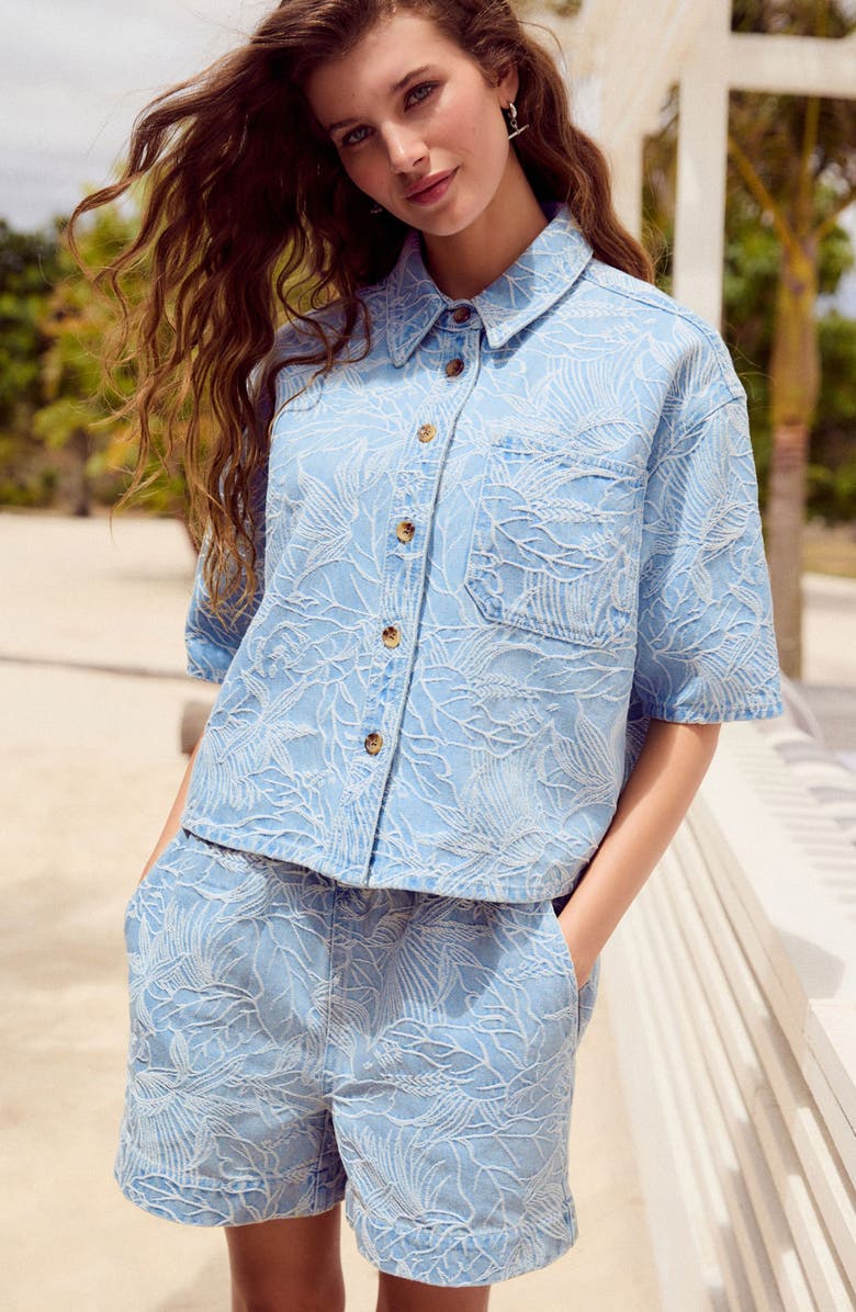 NEXT Boxy Jacquard Short Sleeve Button-Up Shirt, Alternate, color, Blue