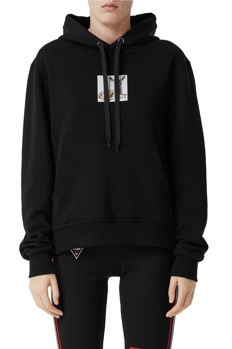 Junnes Deer Print Oversize Cotton Hoodie, Main, color, BLACK