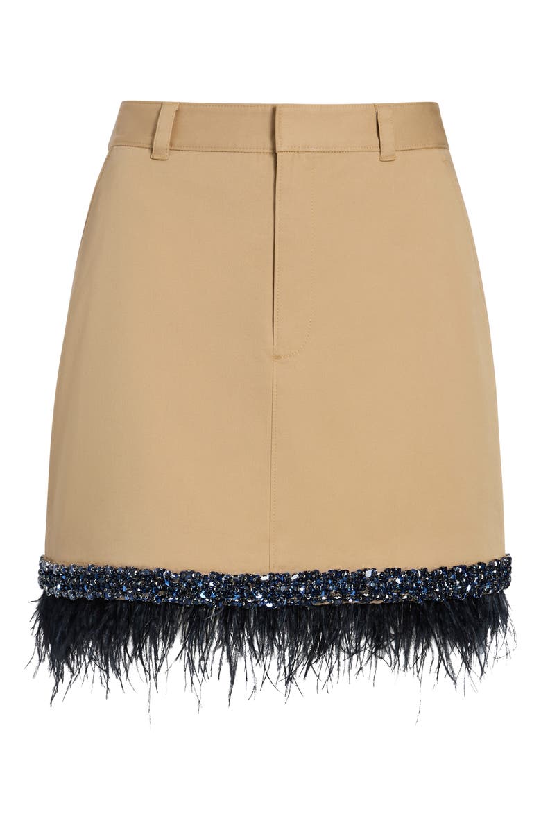 Cinq à Sept Marie Sequin & Feather Trim Miniskirt, Alternate, color, Khaki/ Navy