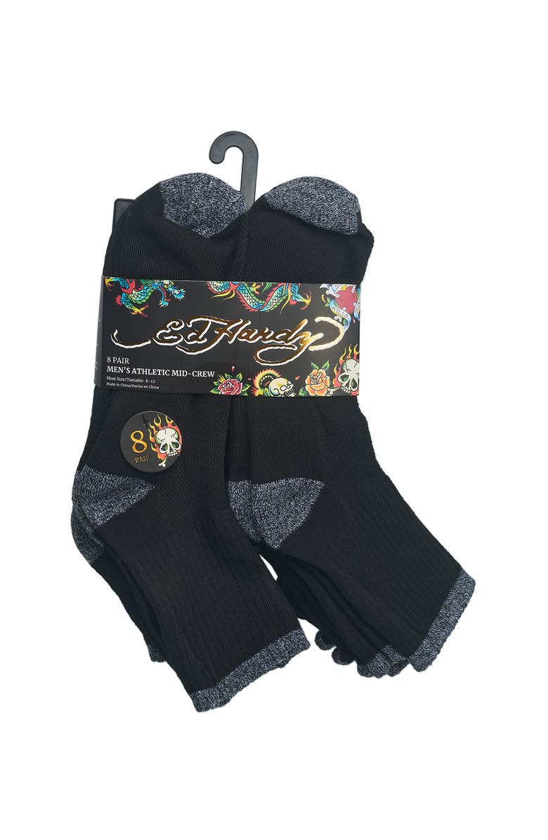 Ed Hardy Basic Half Cushion Mid Crew Sock 8-Pack, Alternate, color, Black