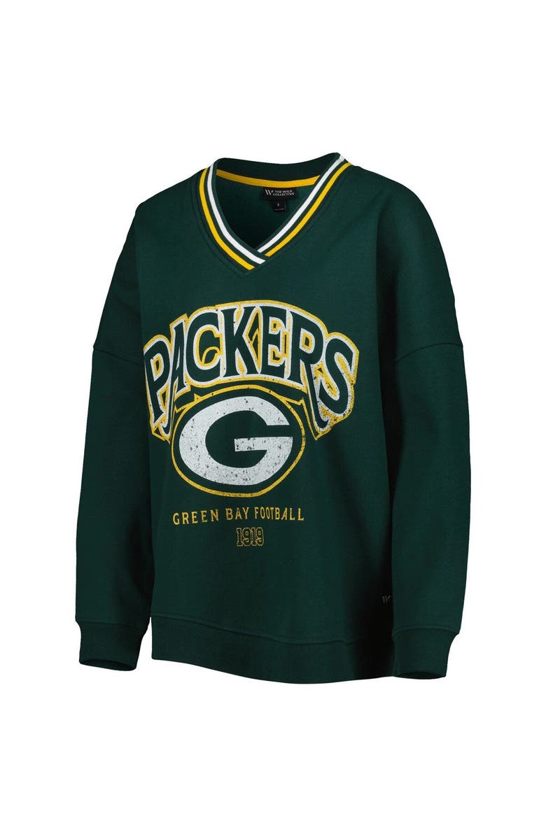 THE WILD COLLECTIVE Women's The Wild Collective Green Green Bay Packers Vintage V-Neck Pullover Sweatshirt, Alternate, color, 