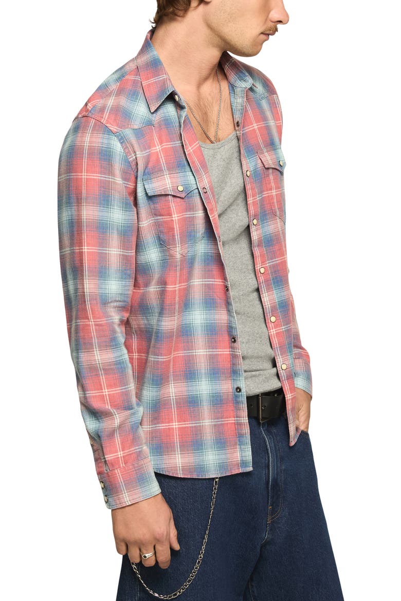 Plaid Flannel Acid Wash Western Shirt, Alternate, color, RUST MULTI