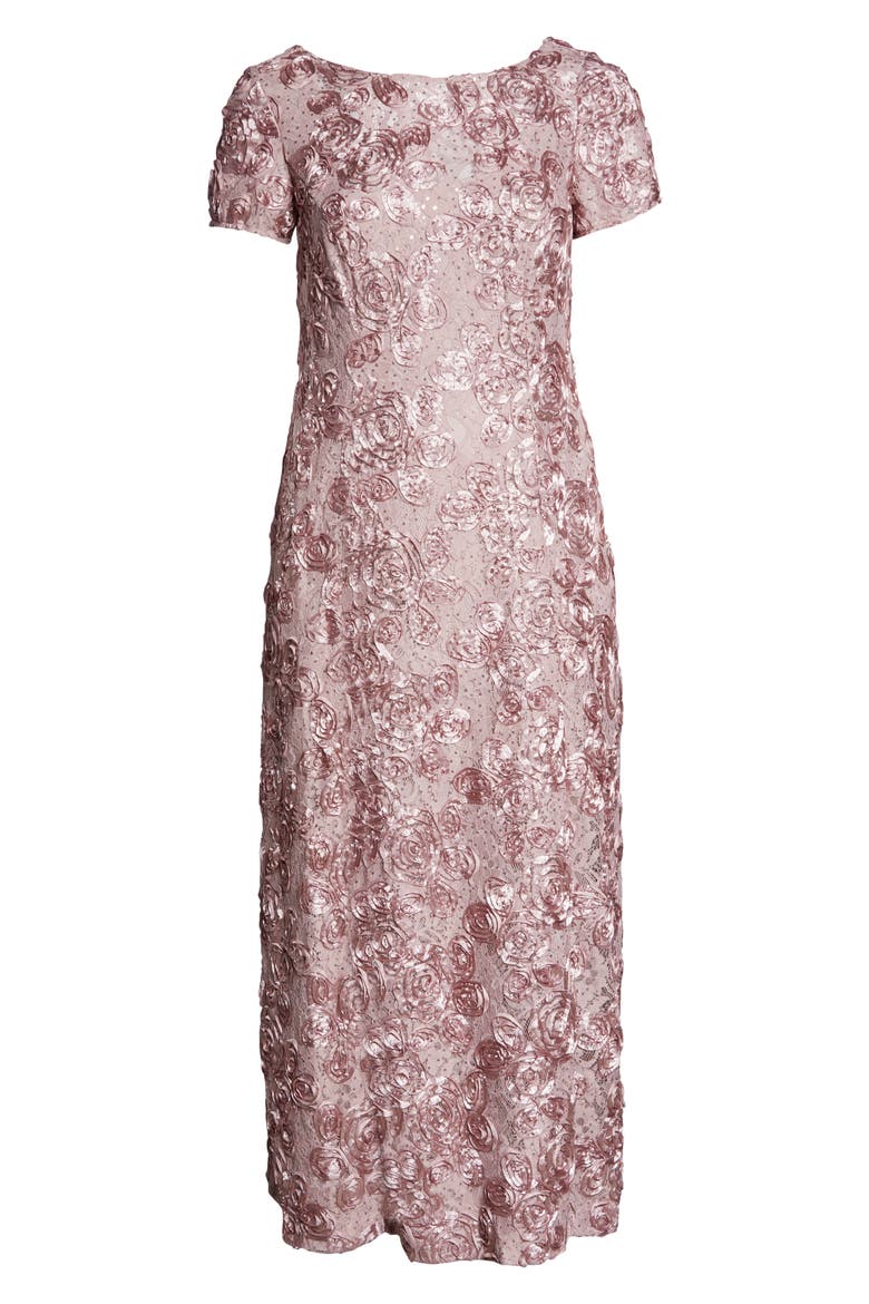 Rosette Lace Short Sleeve A-Line Gown, Alternate, color, ROSE