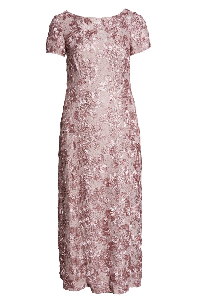 Alex Evenings Rosette Lace Short Sleeve A-Line Gown, Alternate, color, Rose