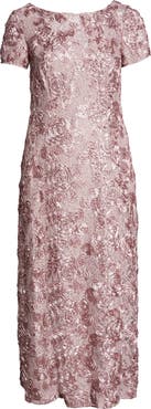 Alex Evenings Rosette Lace Short Sleeve A-Line Gown