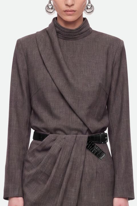 Padded Shoulder Stand Collar Blouse