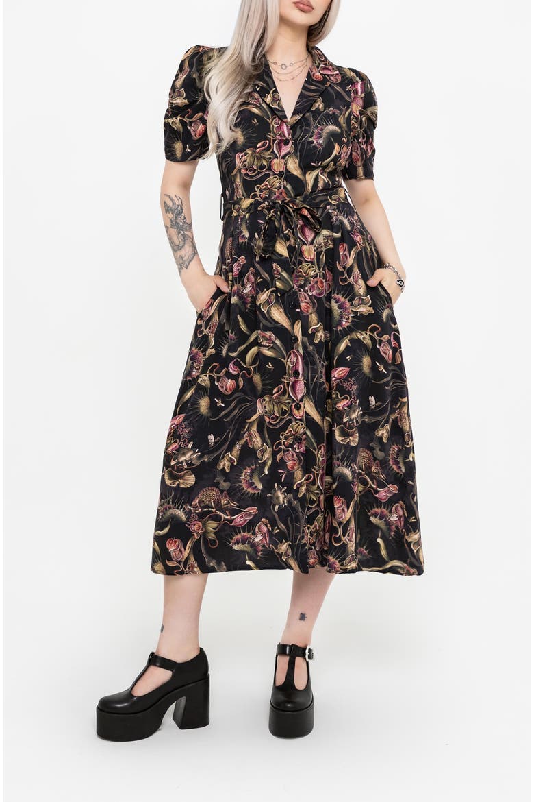 Dionaea Button Up Midi Shirt Dress, Main, color, Black