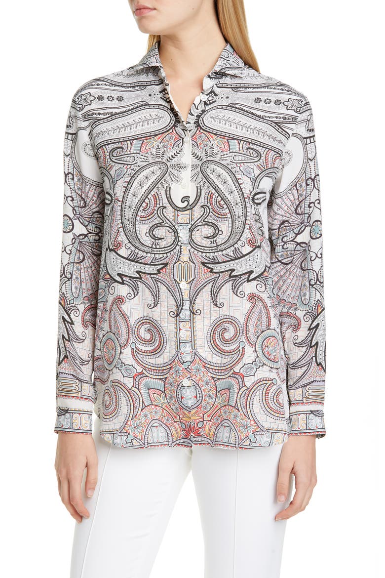 Paisley Print Silk Blouse, Main, color, BLACK