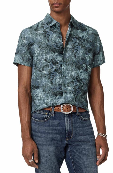 Sean Leaf Print Short Sleeve Linen Button-Up Shirt