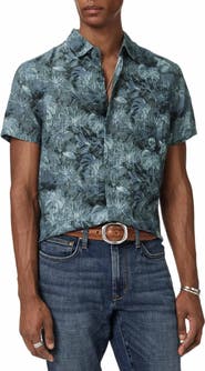 John Varvatos Sean Leaf Print Short Sleeve Linen Button-Up Shirt