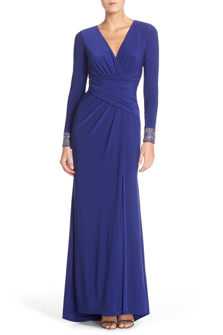 Embellished Sleeve Jersey Gown, Alternate, color, INDIGO