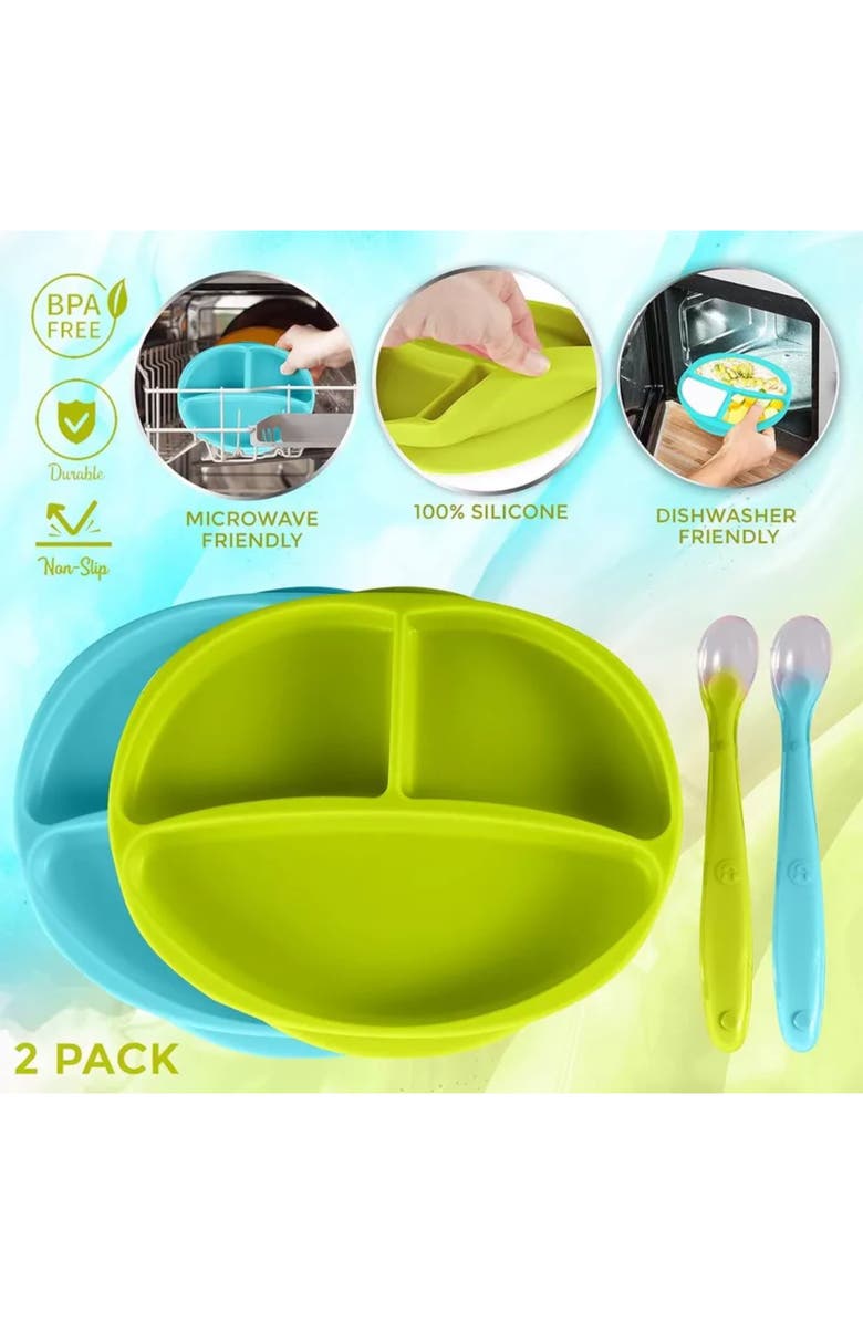 Sperric Silicone Suction Divided Plate and Spoon Toddler Training Self Feeding Set, 2-Pack, Alternate, color,
