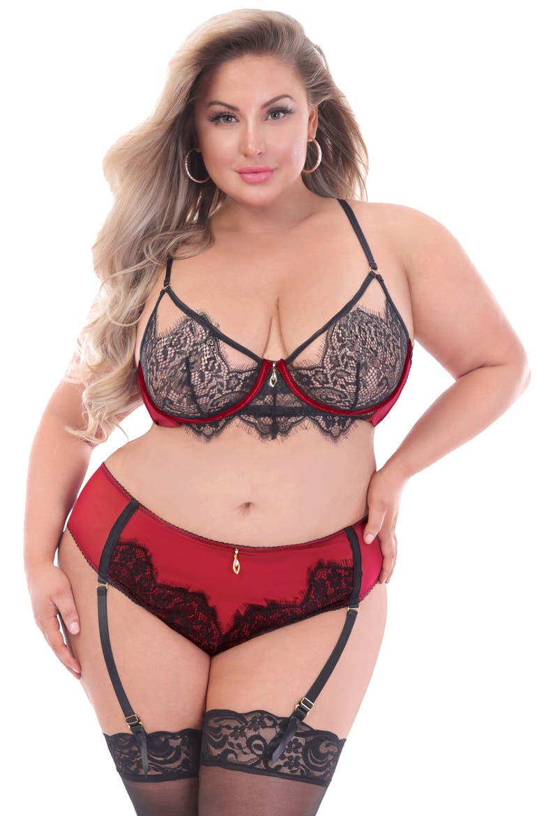 Eyelash Lace Bra & Panties Set, Alternate, color, RED