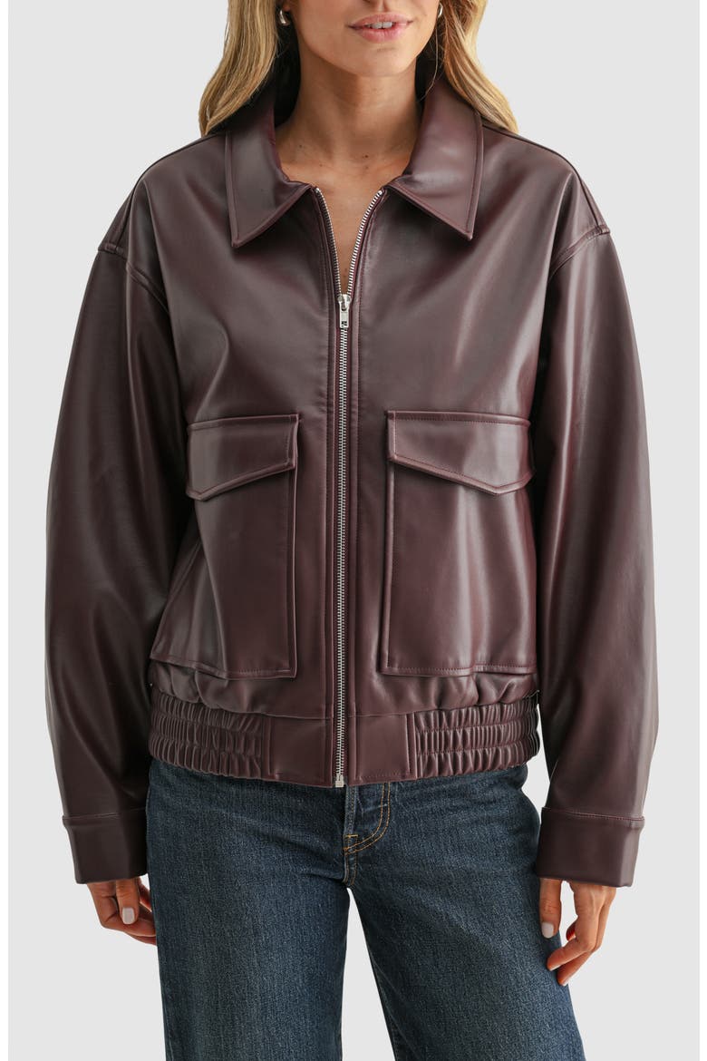 Faux Leather Bomber Jacket, Main, color, BURGUNDY