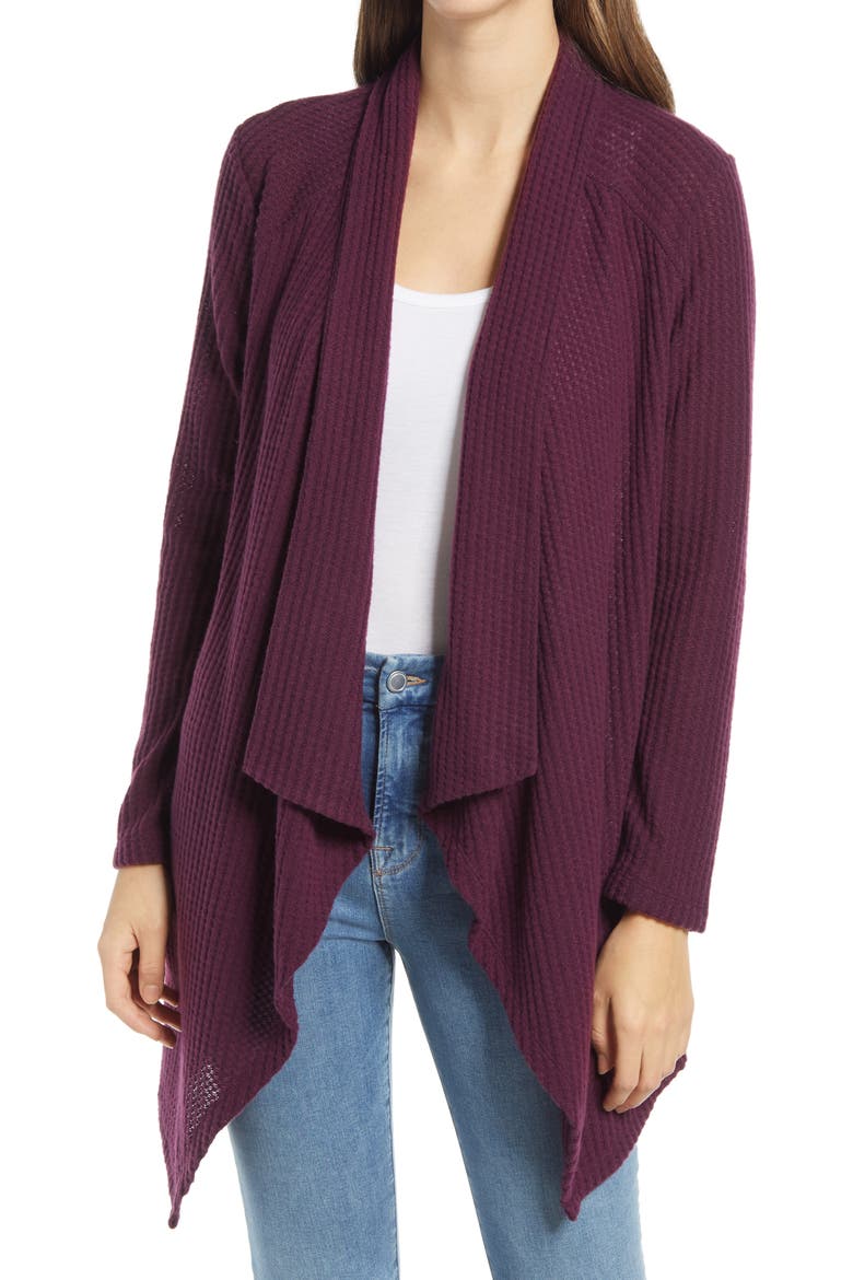 Waffle Knit Drape Front Cardigan, Main, color, BERRY